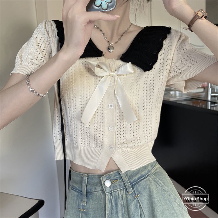 Áo dệt kim cổ búp bê thắt nơ phong cách Pháp ngọt ngào cho nữ | BigBuy360 - bigbuy360.vn