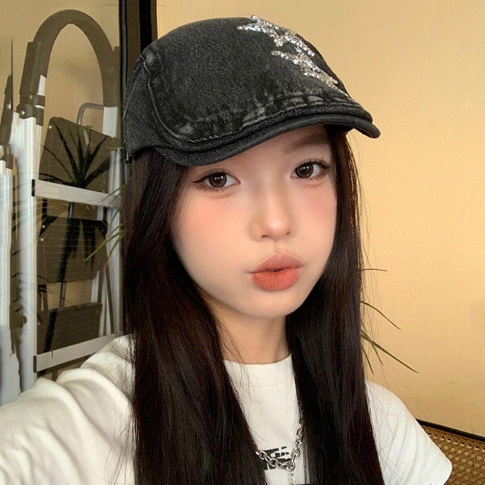 Ellaub Mũ beret Vải denim Họa Sĩ Thời Trang Đường Phố Hàn Quốc