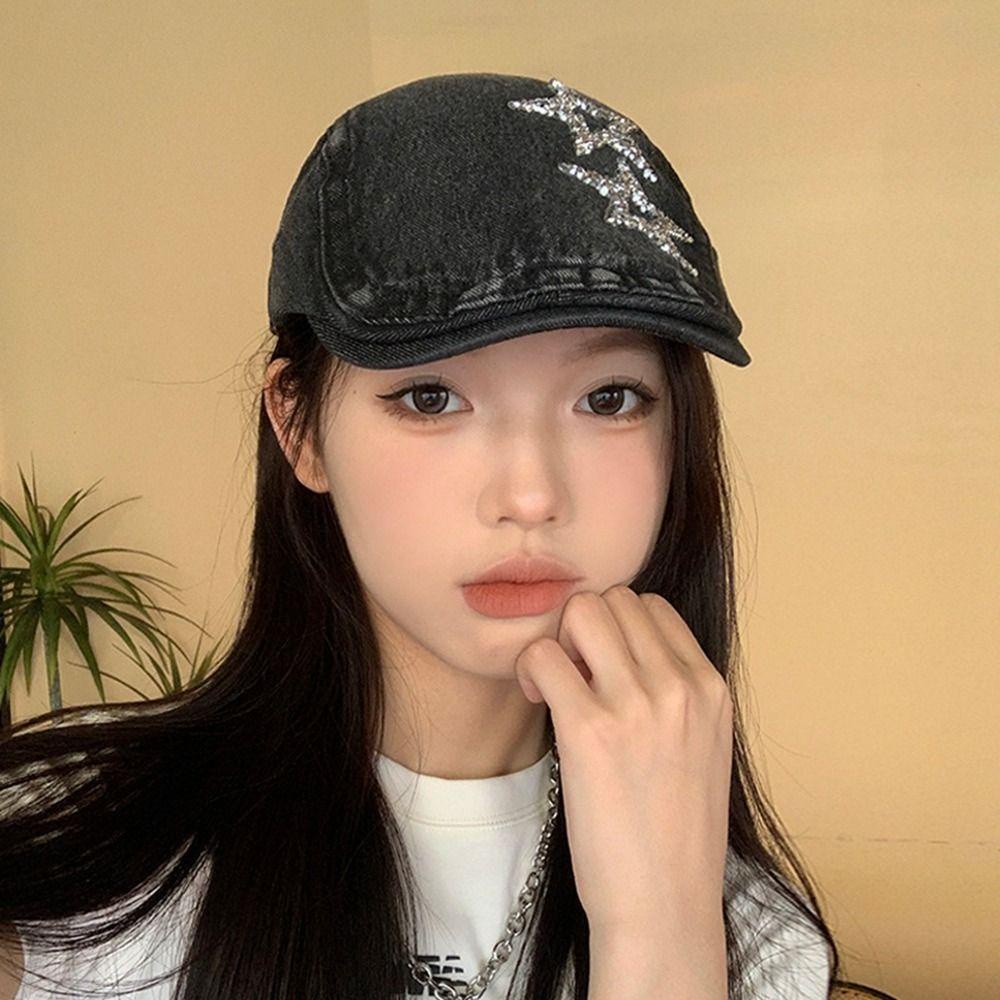 Ellaub Mũ beret Vải denim Họa Sĩ Thời Trang Đường Phố Hàn Quốc