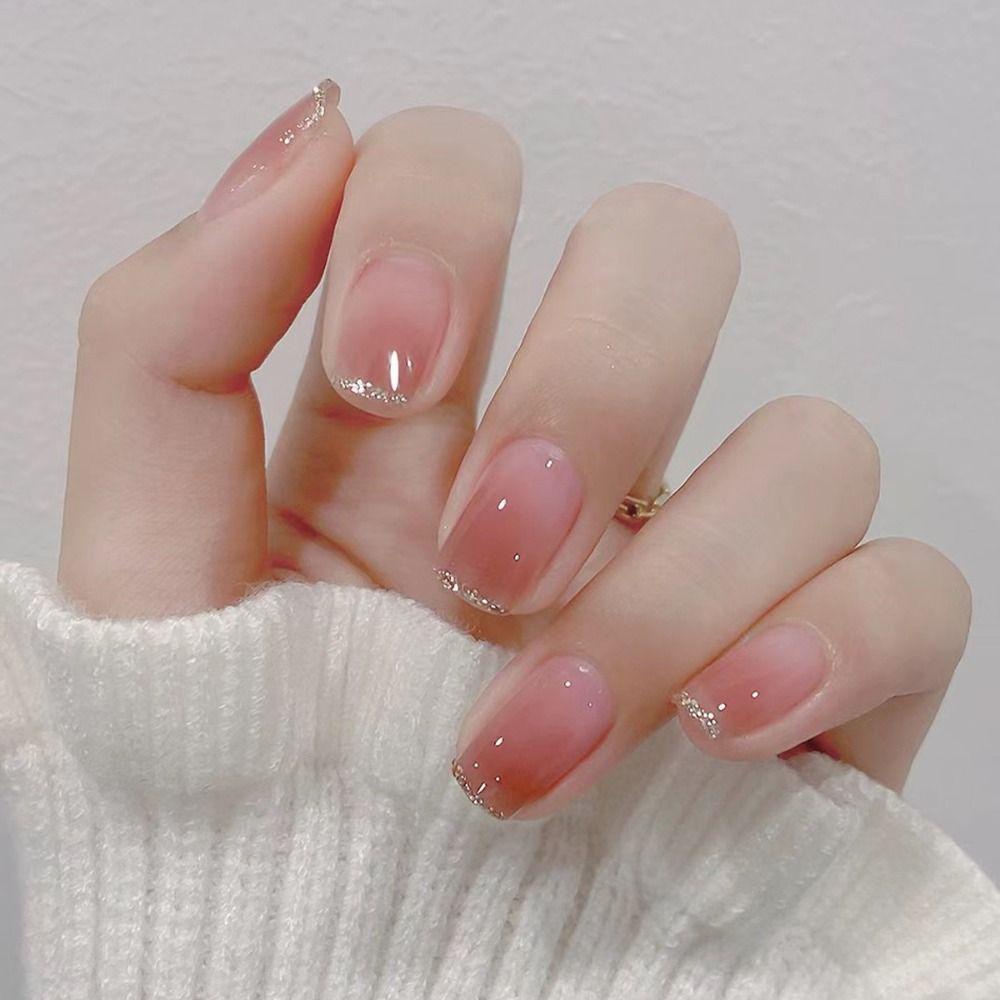 Yukico Móng Tay Giả Màu Hồng gradient Lấp Lánh Thời Trang