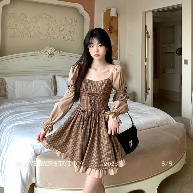 Đầm Ngắn Dáng Chữ a Tay Dài Eo Cao Họa Tiết Kẻ Sọc Thời Trang Mùa Thu Hàng Mới 2023