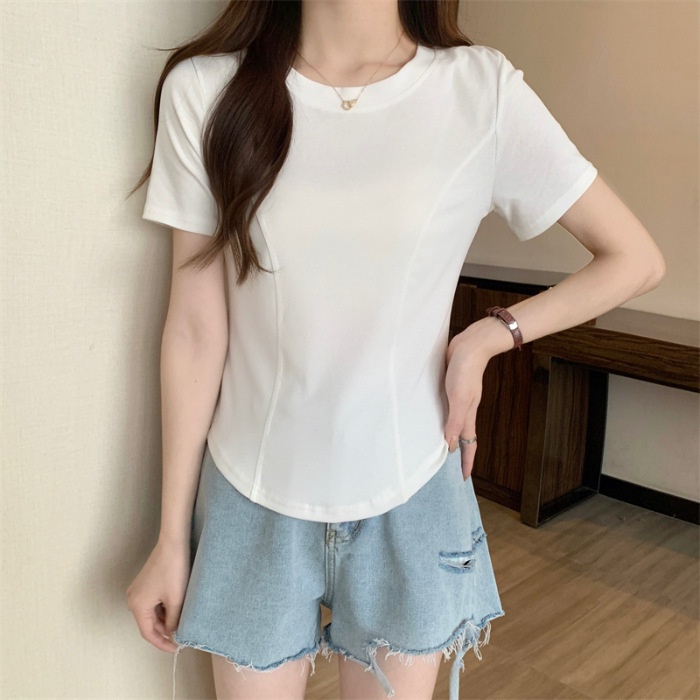Áo Sơ Mi Tay Ngắn Màu Trơn Thời Trang NữÁo thun ngắn tay dáng ôm nữ thiết kế ngắn nguyên chất viền không đều viền cong