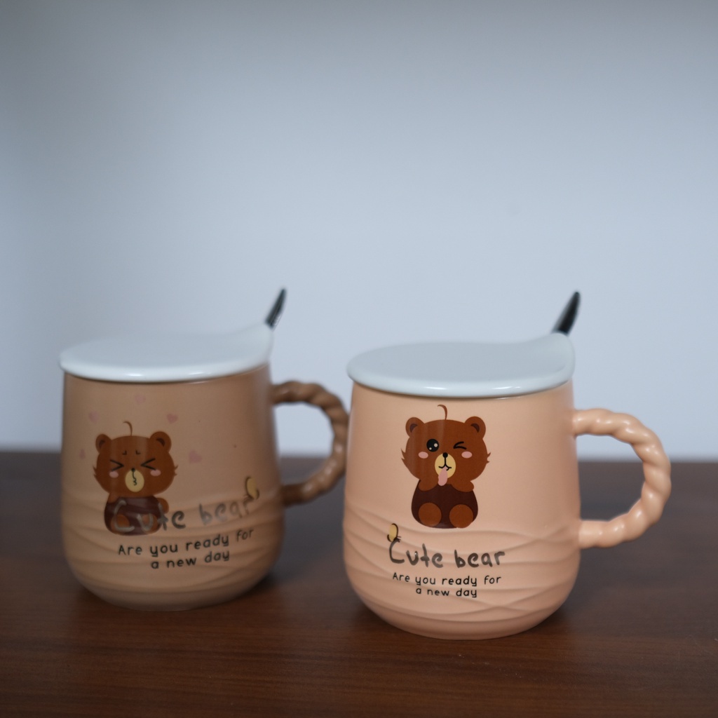 Ly sứ có quai, hình gấu nâu cute, Quà lưu niệm tặng bạn bè, người thân, kèm muỗng và nắp  400ml