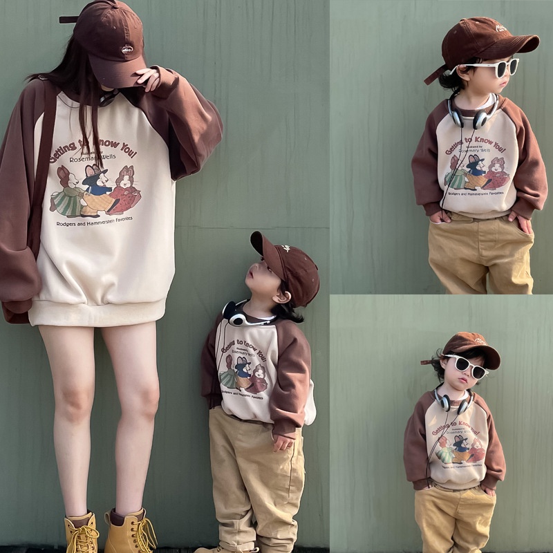 Áo Sweater Tay Dài In Họa Tiết Hoạt Hình Phối Màu Tương Phản Thời Trang Thu Đông Phong Cách Hàn Quốc Cho Gia Đình