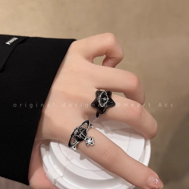 Nhẫn Hở Mạ Vàng 2K Đính Đá zircon Hình Hành Tinh Màu Đen Có Thể Điều Chỉnh