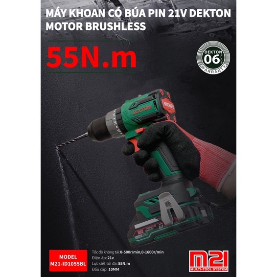 Máy Khoan Pin 3 Chức Năng Dekton M21-ID1055BL đầu 10MM autolock động cơ không chổi than shop máy móc vn