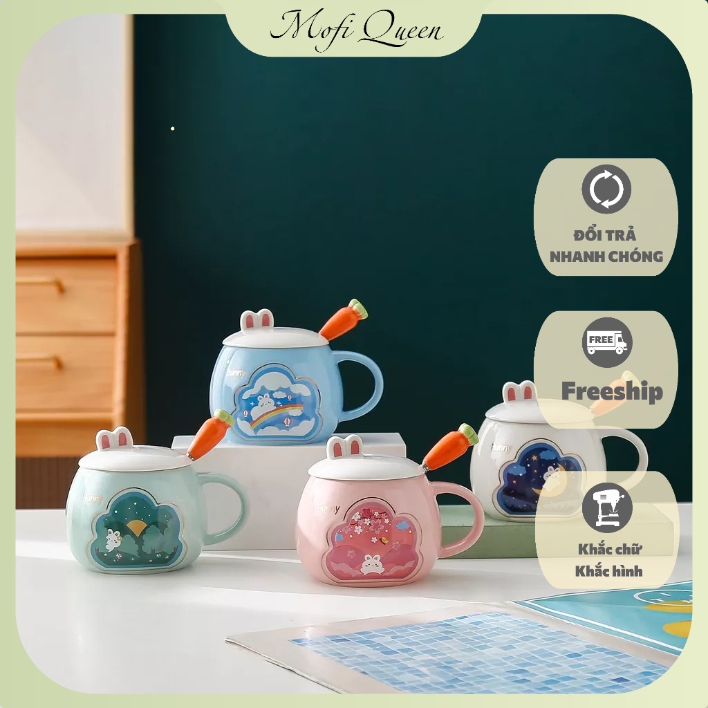 Cốc sứ có nắp, Sứ́, Quà lưu niệm, cute có nắp đậy, họa tiết bunny siêu đáng yêu 420ml