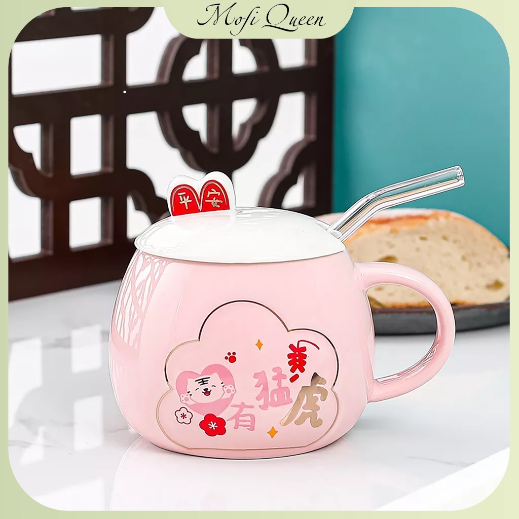 Cốc sứ có nắp, Sứ́, Quà lưu niệm, cute có nắp đậy, họa tiết bunny siêu đáng yêu 420ml