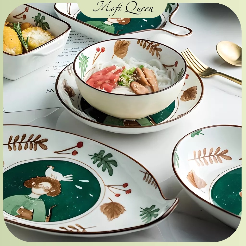 Bộ bát đĩa, chén cao cáp, Bát Đĩa sứ, decor, trang trí rừng xanh trắng dễ thương cute cao cấp