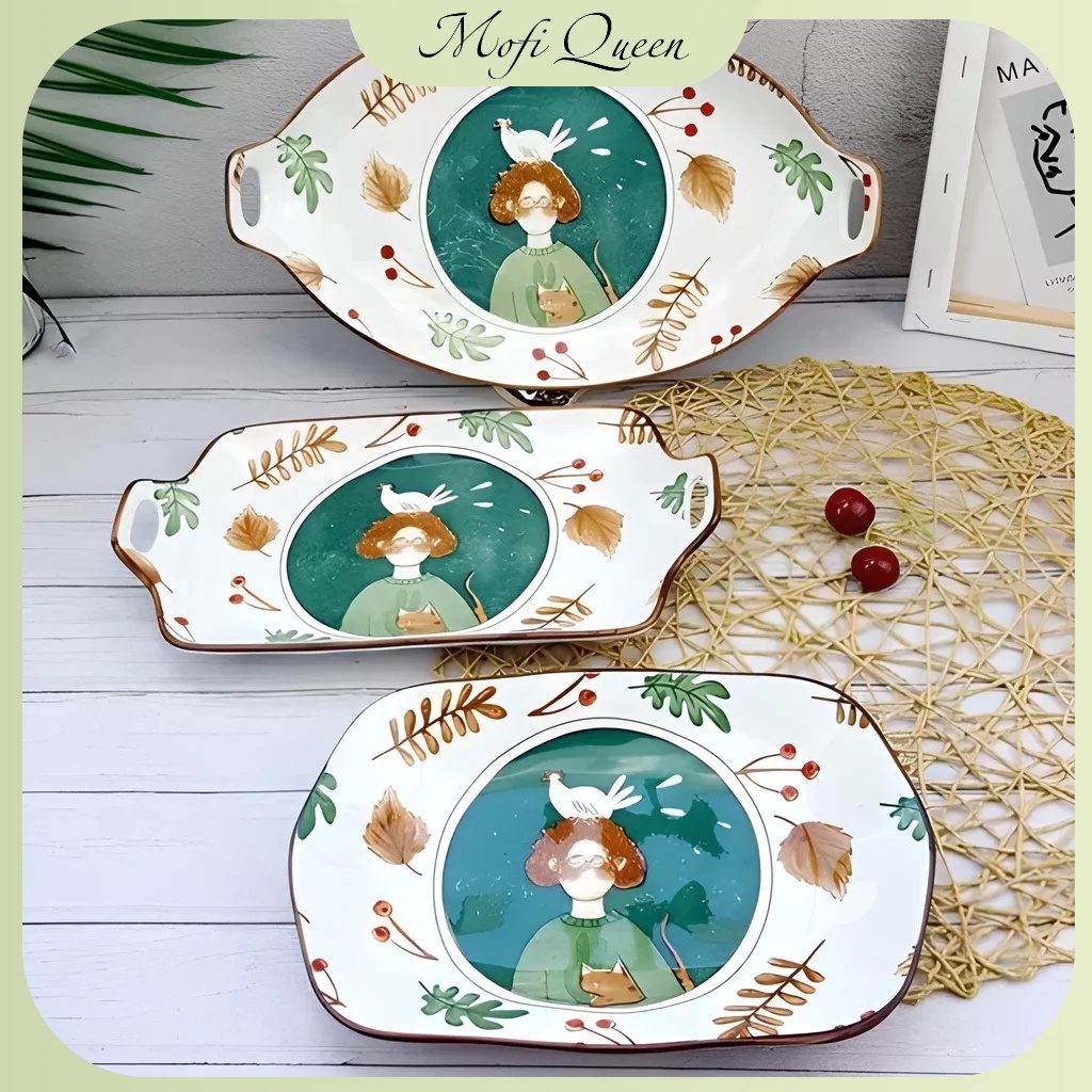 Bộ bát đĩa, chén cao cáp, Bát Đĩa sứ, decor, trang trí rừng xanh trắng dễ thương cute cao cấp