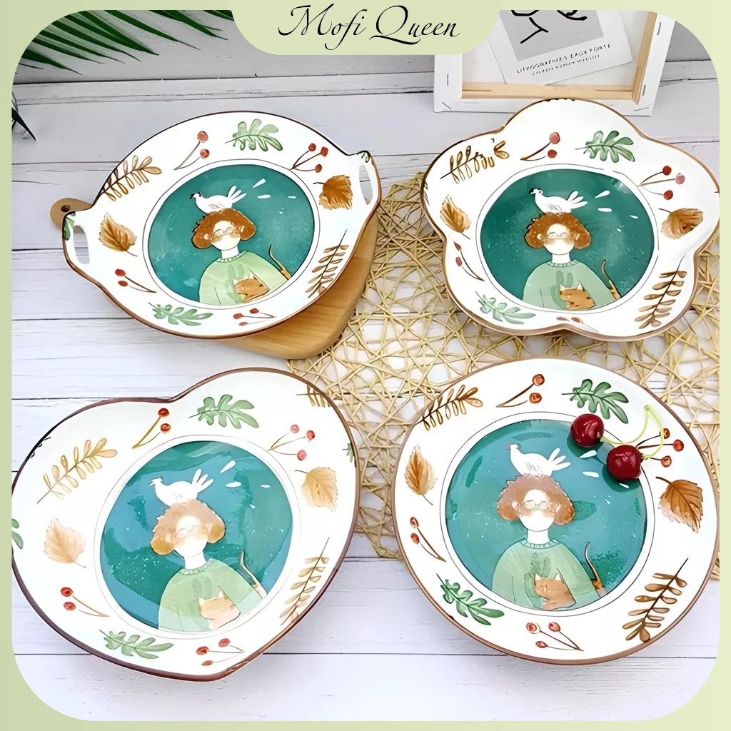Bộ bát đĩa, chén cao cáp, Bát Đĩa sứ, decor, trang trí rừng xanh trắng dễ thương cute cao cấp
