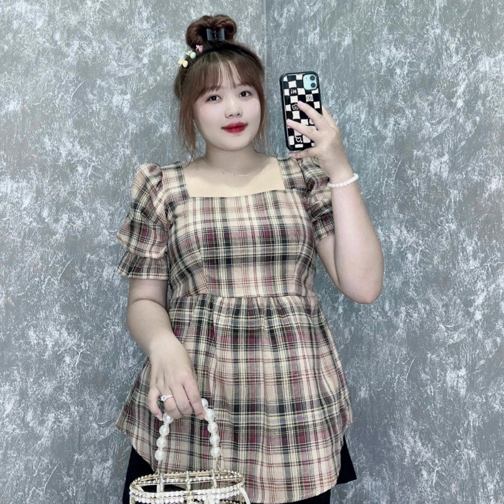 Áo Sơ Mi Thời Trang Bigsize Nữ Dáng Babydoll Tay Bồng Chất Vải Caro Sọc Nhún Bản Sau Lưng Dễ Thương SM27