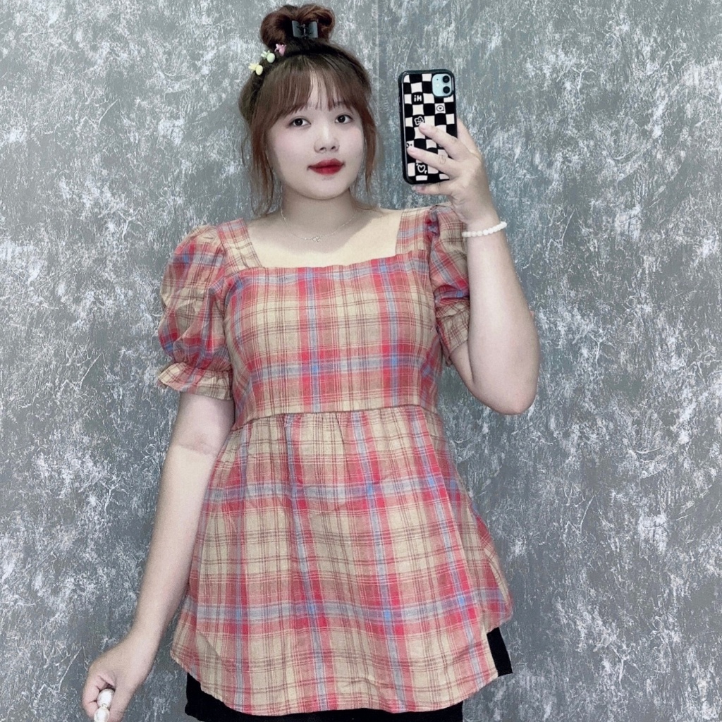 Áo Sơ Mi Thời Trang Bigsize Nữ Dáng Babydoll Tay Bồng Chất Vải Caro Sọc Nhún Bản Sau Lưng Dễ Thương SM27