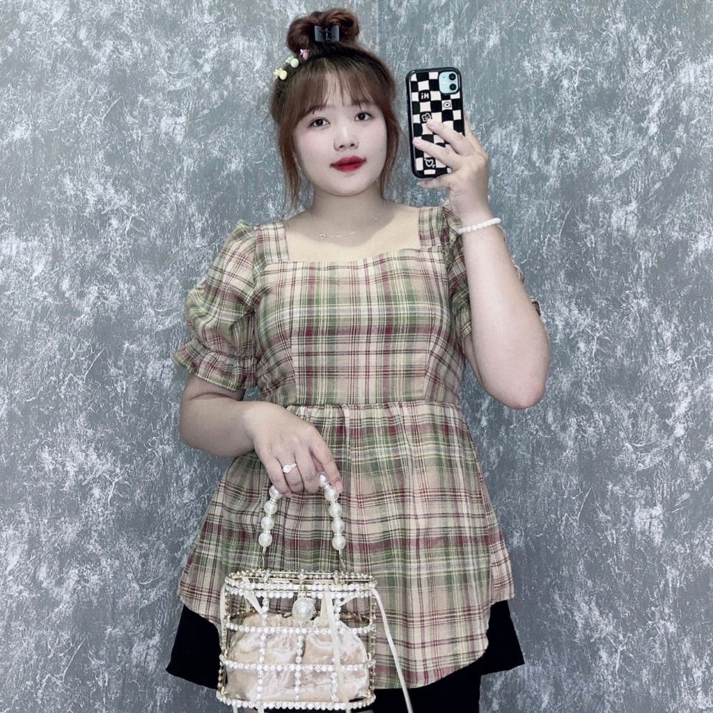 Áo Sơ Mi Thời Trang Bigsize Nữ Dáng Babydoll Tay Bồng Chất Vải Caro Sọc Nhún Bản Sau Lưng Dễ Thương SM27