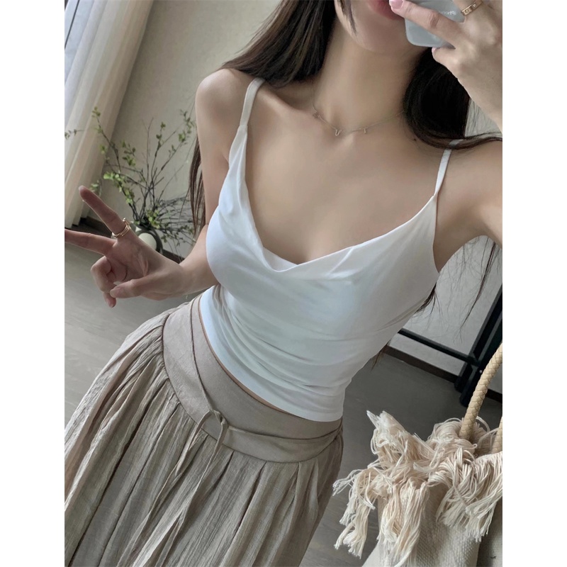 Áo Hai Dây Xếp Ly Dáng Ngắn Phong Cách Pháp Thời Trang Quyến Rũ Cho Nữ