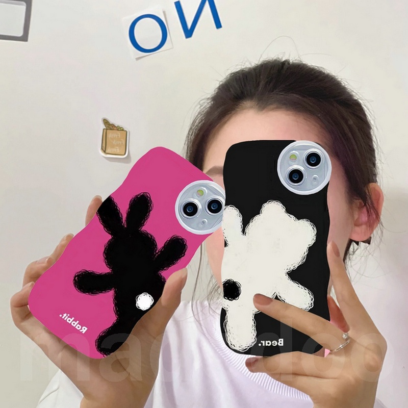 Couple Casing Redmi 9T Note 7 6 5 Pro 4 4X Plus S2 Mi 13T Cute Wavy edge Bear Rabbit graffiti Wave Edge Cartoon Airbag Shockproof Soft Phone Case BFF Clear Lens Back Cover BW 90