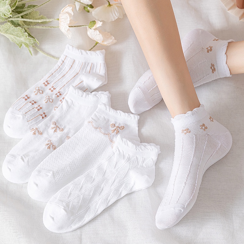 Vớ Thuyền Vải cotton Ren Mỏng Thoáng Khí Miệng Nông Kiểu lolita Nhật Bản Dễ Thương