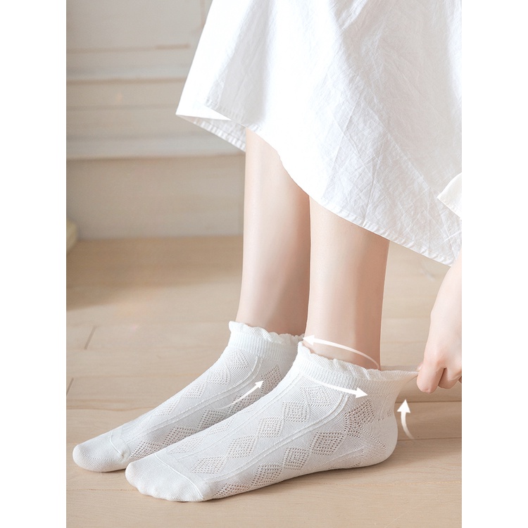 Vớ Thuyền Vải cotton Ren Mỏng Thoáng Khí Miệng Nông Kiểu lolita Nhật Bản Dễ Thương