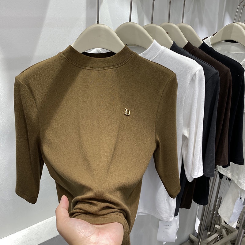 Bh Áo Thun cotton Sáp Mềm Cổ Cao Màu Trơn Tùy Chỉnh Phong Cách Châu Âu Cho Nữ