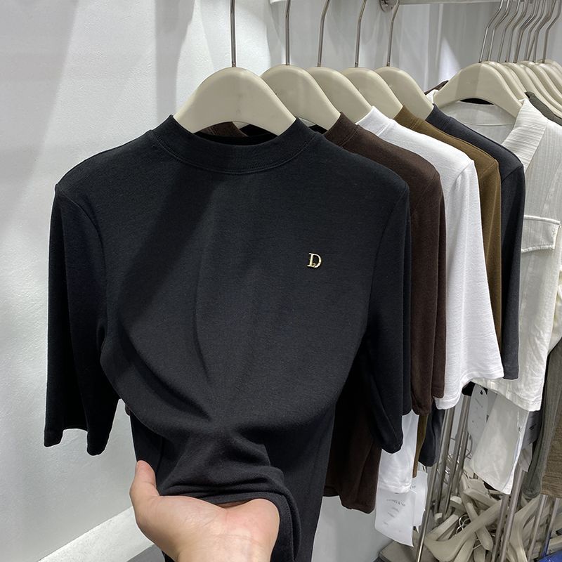 Bh Áo Thun cotton Sáp Mềm Cổ Cao Màu Trơn Tùy Chỉnh Phong Cách Châu Âu Cho Nữ