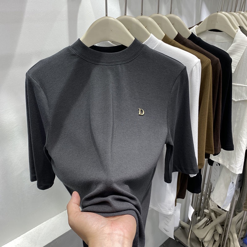 Bh Áo Thun cotton Sáp Mềm Cổ Cao Màu Trơn Tùy Chỉnh Phong Cách Châu Âu Cho Nữ