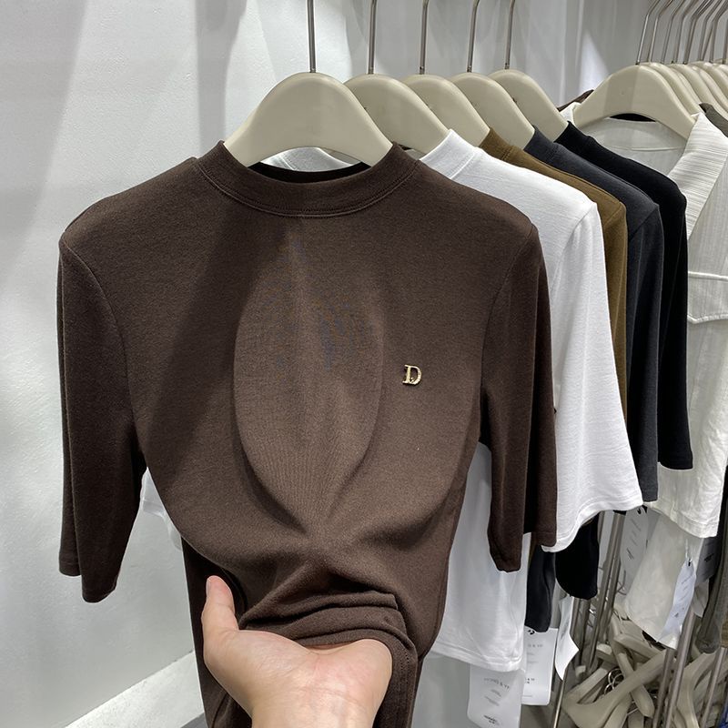 Bh Áo Thun cotton Sáp Mềm Cổ Cao Màu Trơn Tùy Chỉnh Phong Cách Châu Âu Cho Nữ