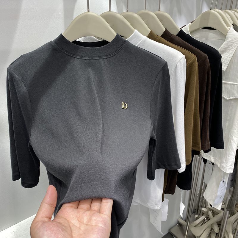 Bh Áo Thun cotton Sáp Mềm Cổ Cao Màu Trơn Tùy Chỉnh Phong Cách Châu Âu Cho Nữ
