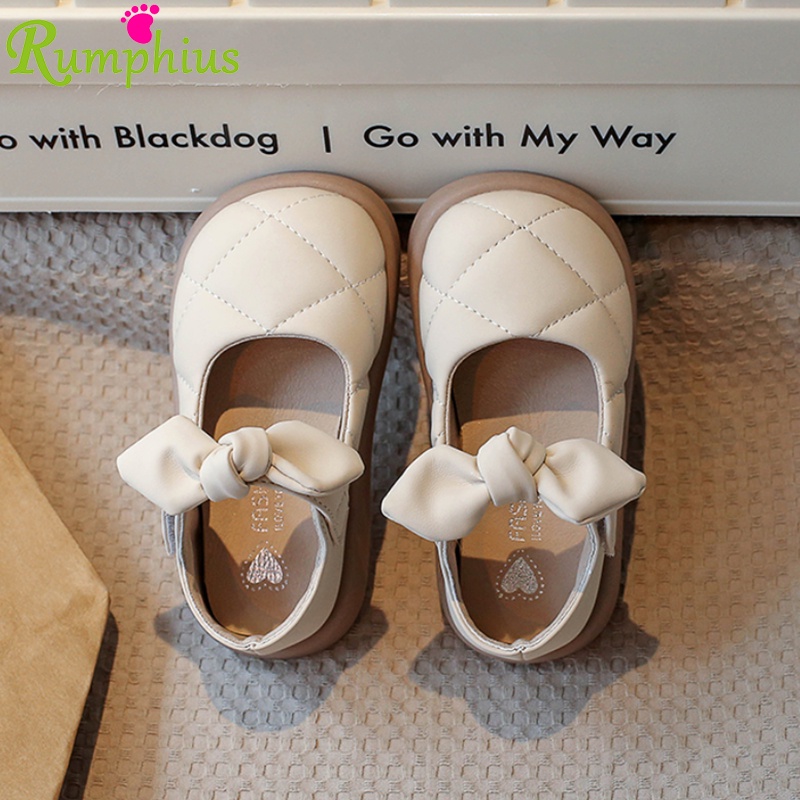 Rumphius Giày Búp Bê Da Đế Mềm Chống Trượt Màu Trơn Đính Nơ Xinh Xắn Cho Bé Gái size 23-33