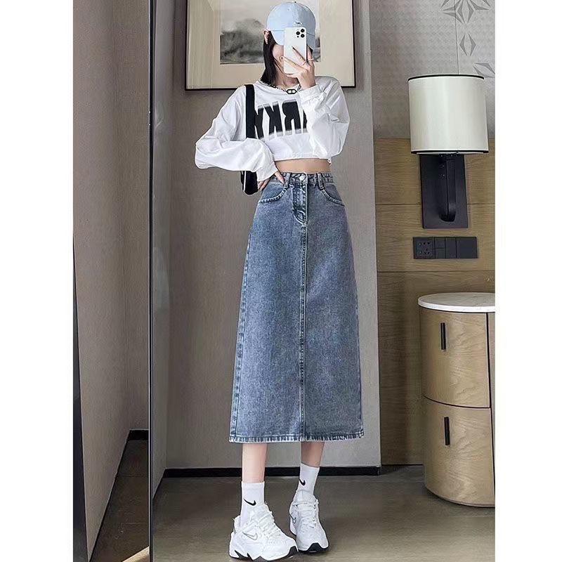 Xiang Nan Chân váy jean Lưng Cao Dáng Chữ a Mỏng Xẻ Tà Ôm Hông Thời Trang Mùa Hè Kiểu Mới Cho Nam Và Nữ