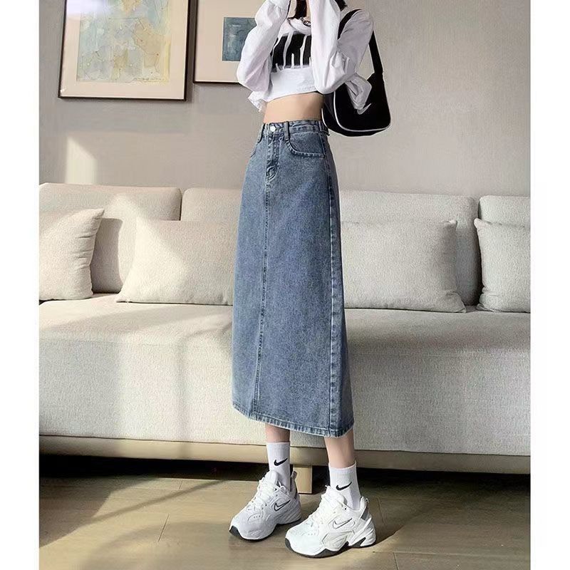 Xiang Nan Chân váy jean Lưng Cao Dáng Chữ a Mỏng Xẻ Tà Ôm Hông Thời Trang Mùa Hè Kiểu Mới Cho Nam Và Nữ