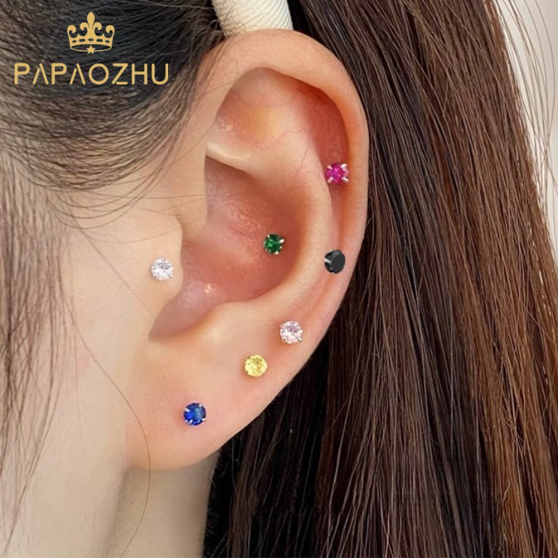 Papaozhu set 7 Khuyên Tai Bạc s925 Đính Đá Nhiều Màu Sắc Thời Trang Cho Nữ