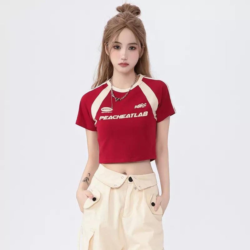 Áo croptop tay ngắn kiểu raglan DaaLaa Store phong cách thể thao PEACHEATLAB A5847