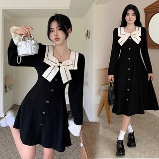 Kii Wii Đầm Chữ a Tay Dài Cổ Vuông Thắt Nơ Eo Thời Trang Mùa Thu Mới Cho Nữ