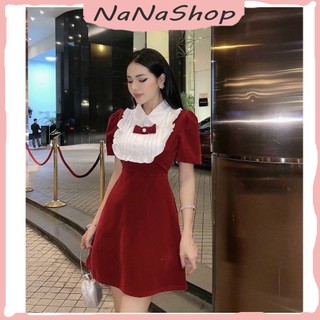   New Sales 2024  Đầm nhung xòe tiểu thư cổ sơ mi viền bèo nơ đầm thun sọc ôm body siêu hot 