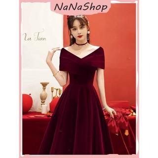 Đầm váy thời trang nữ dáng tiểu thư cổ tim bản eo giữa chất nhung tay ngắn xòe to cực xinh cho các nàng dự tiệc