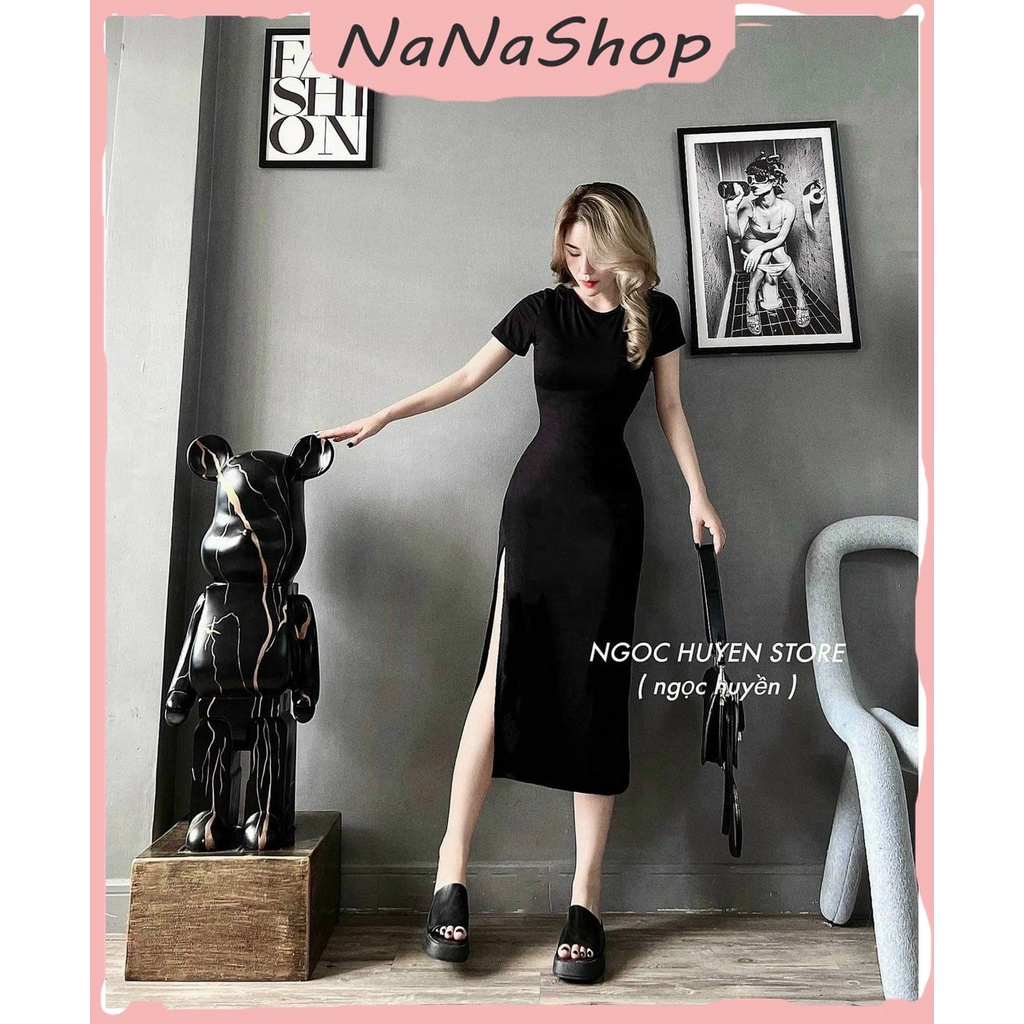 Đầm body tay ngắn dáng dài xẻ quyến rủ, Váy đầm body xẻ dáng trơn ôm body chất co dãn mềm mịn xẻ tà quyến rủ
