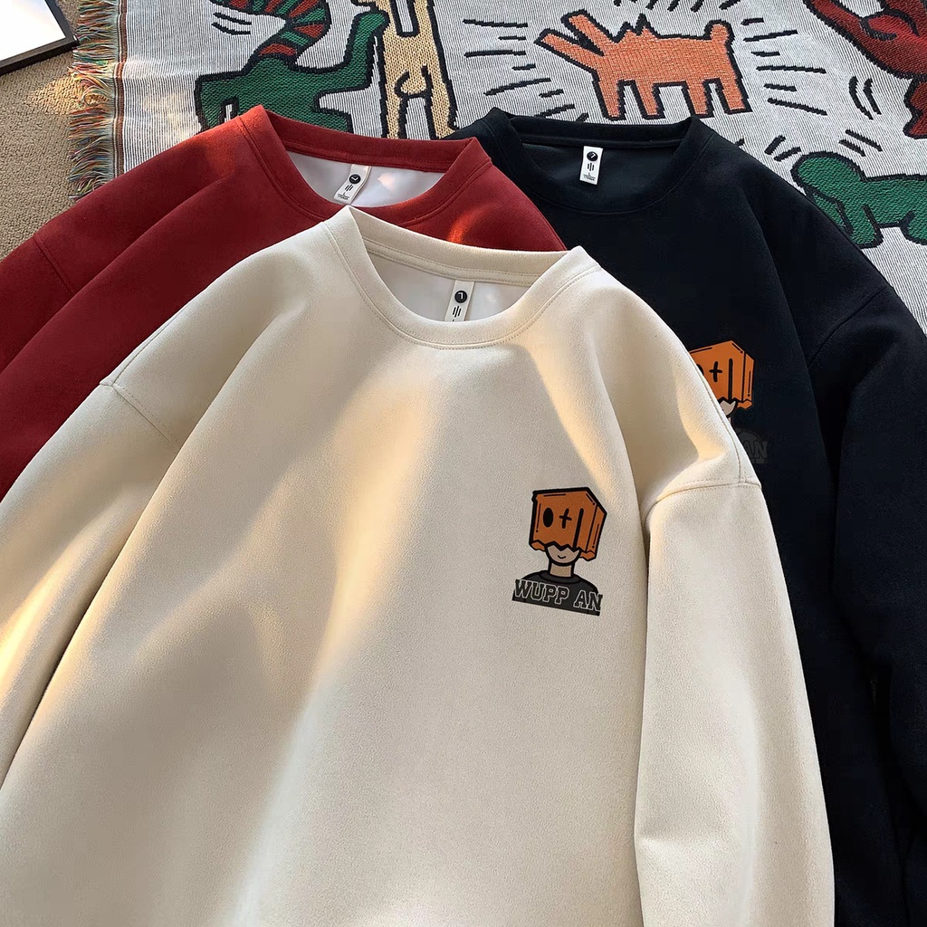 Áo sweater Tay Dài Cổ Tròn Vải Nhung Oversize Phong Cách Đường Phố Mỹ Cá Tính Dành Cho Nam