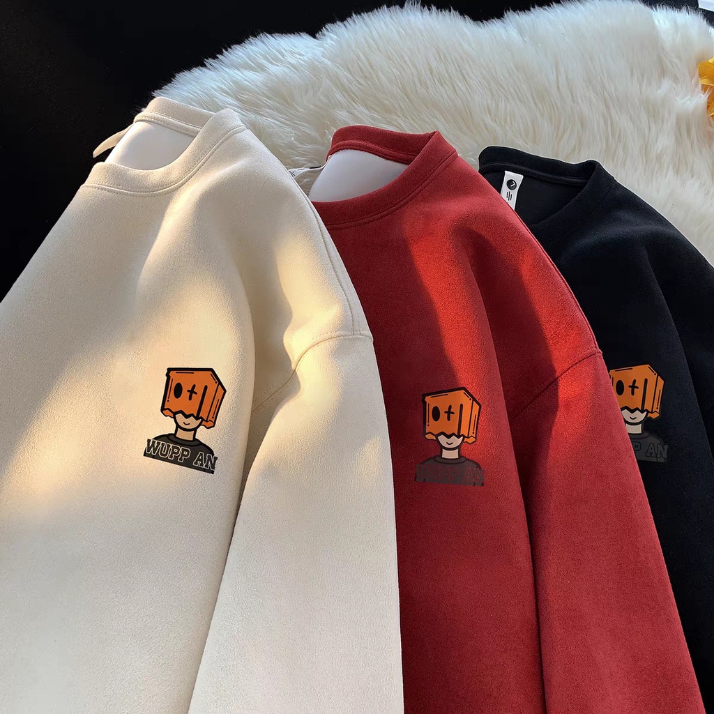 Áo sweater Tay Dài Cổ Tròn Vải Nhung Oversize Phong Cách Đường Phố Mỹ Cá Tính Dành Cho Nam