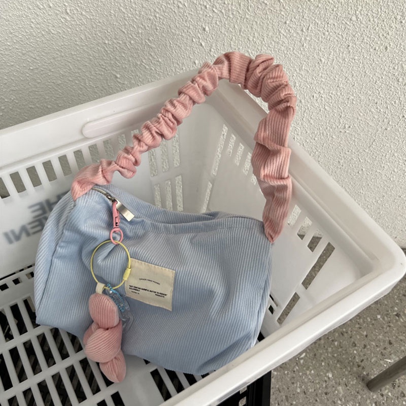 HT XIANSHENG Túi Đeo Vai Sức Chứa Lớn Bằng Vải Nhung Kẻ Màu Tương Phản Dễ Thương Dành Cho Bạn Nữ