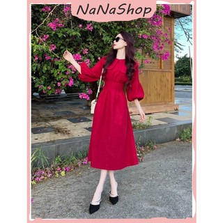 Đầm maxi tay phồng dài cổ vuông nhún ngực có mút mặc đi chơi, Đầm cổ bèo cotton lạnh phong cách vintage tiểu thư
