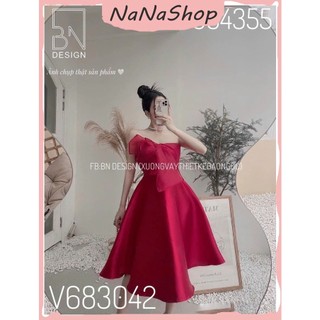 Đầm nơ ngực dáng xòe chất vải tapta, Đầm dự tiệc cúp ngực có mút ngực khoe vai sexy thanh lịch hai màu đỏ trắng basic