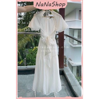 [New Sales 2024] Váy đầm thiết kế tay bồng cột nơ lưng dáng xòe cổ yếm màu trắng hai lớp thiết kế dự tiệc quý phá