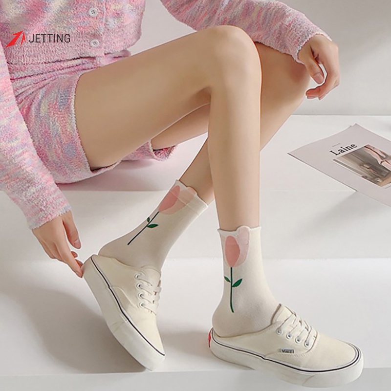 1 Đôi Vớ Cổ Trung Thoáng Khí In Họa Tiết Hoạt Hình Dễ Thương Cho Nữ