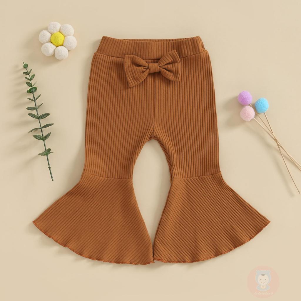 Laa6-quần Ống Loe Co Giãn Màu Trơn Có Gân Và Nơ Cho Bé Gái