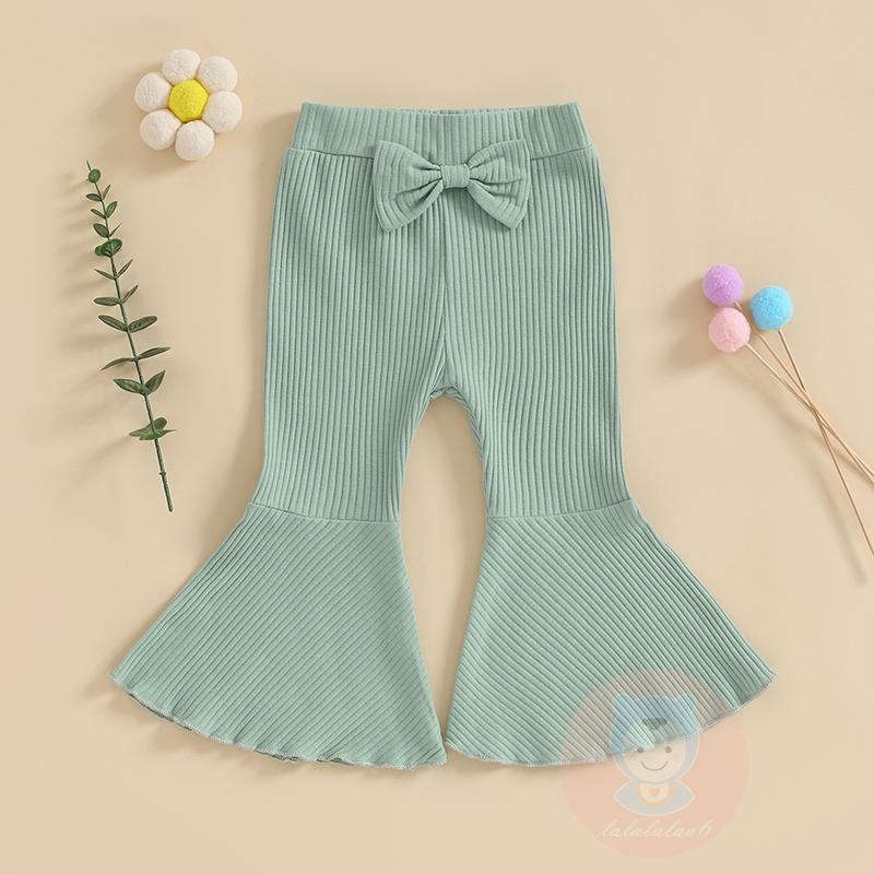 Laa6-quần Ống Loe Co Giãn Màu Trơn Có Gân Và Nơ Cho Bé Gái