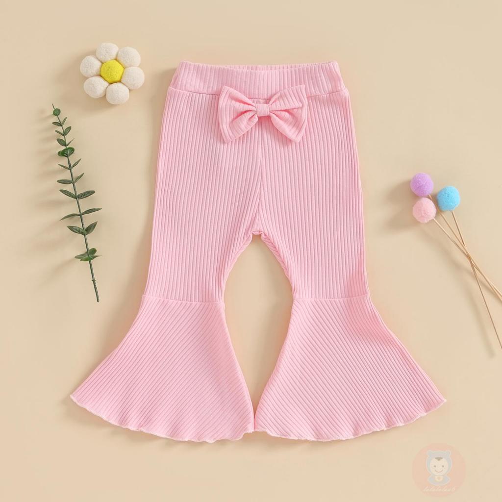 Laa6-quần Ống Loe Co Giãn Màu Trơn Có Gân Và Nơ Cho Bé Gái