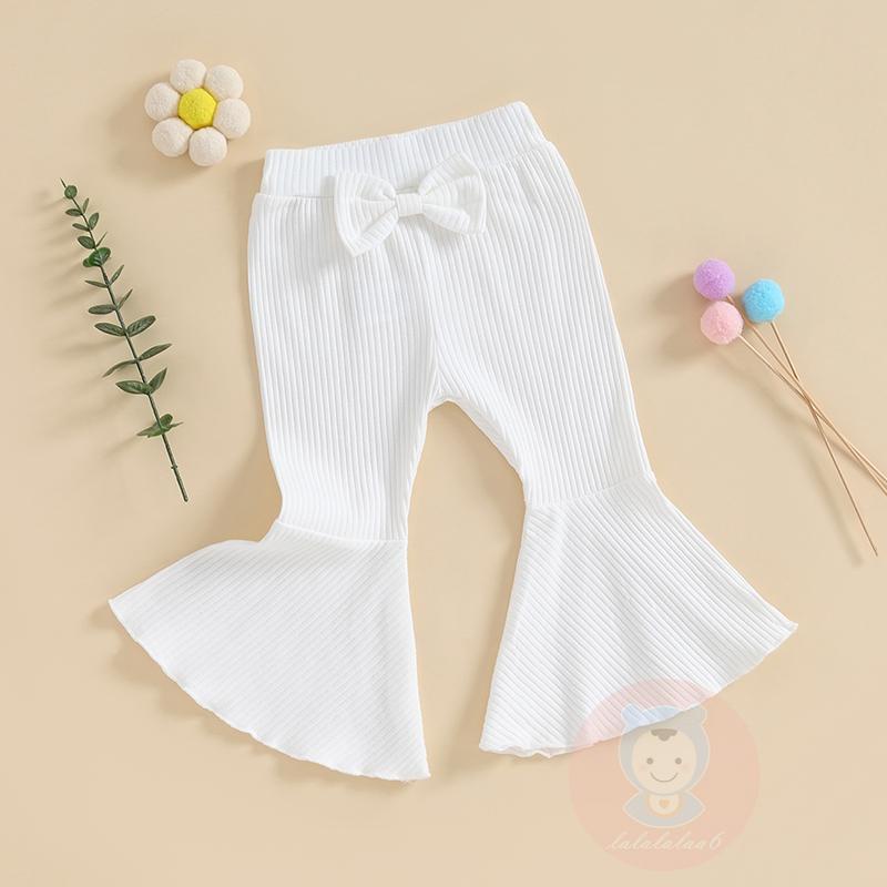 Laa6-quần Ống Loe Co Giãn Màu Trơn Có Gân Và Nơ Cho Bé Gái