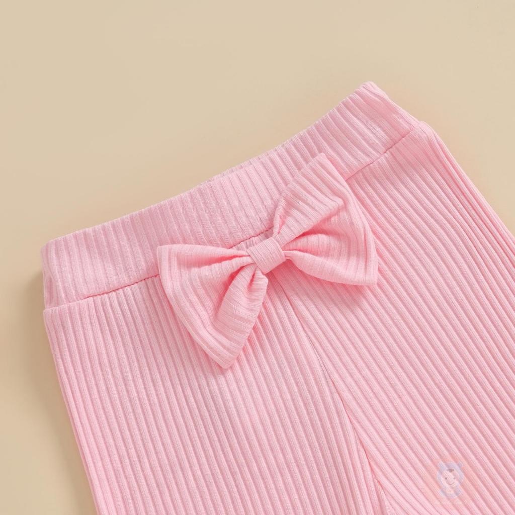 Laa6-quần Ống Loe Co Giãn Màu Trơn Có Gân Và Nơ Cho Bé Gái
