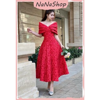 Đàm aurora thiết kế vải gấm trễ vai thời trang cho các bạn nữ, Đầm xòe gấm bẹt vai phối nơ to cực xinh dịu dàng