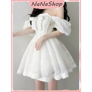 [New Sales 2024] Đàm trắng trễ vai bèo dáng xòe nơ ngực cực xinh, Đầm xòe xốp trắng cúp ngực đính nơ